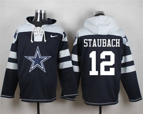Nike Cowboys #12 Roger Staubach Navy Blue Player Pullover NFL Hoodie - Click Image to Close